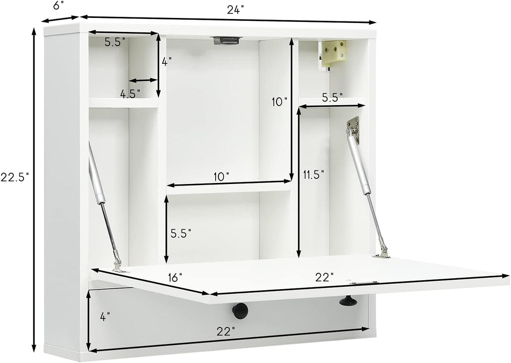 Pneumatic Wall Mount Desk with Drawer White