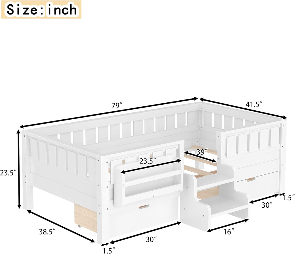 Twin Kids Platform Bed Storage White
