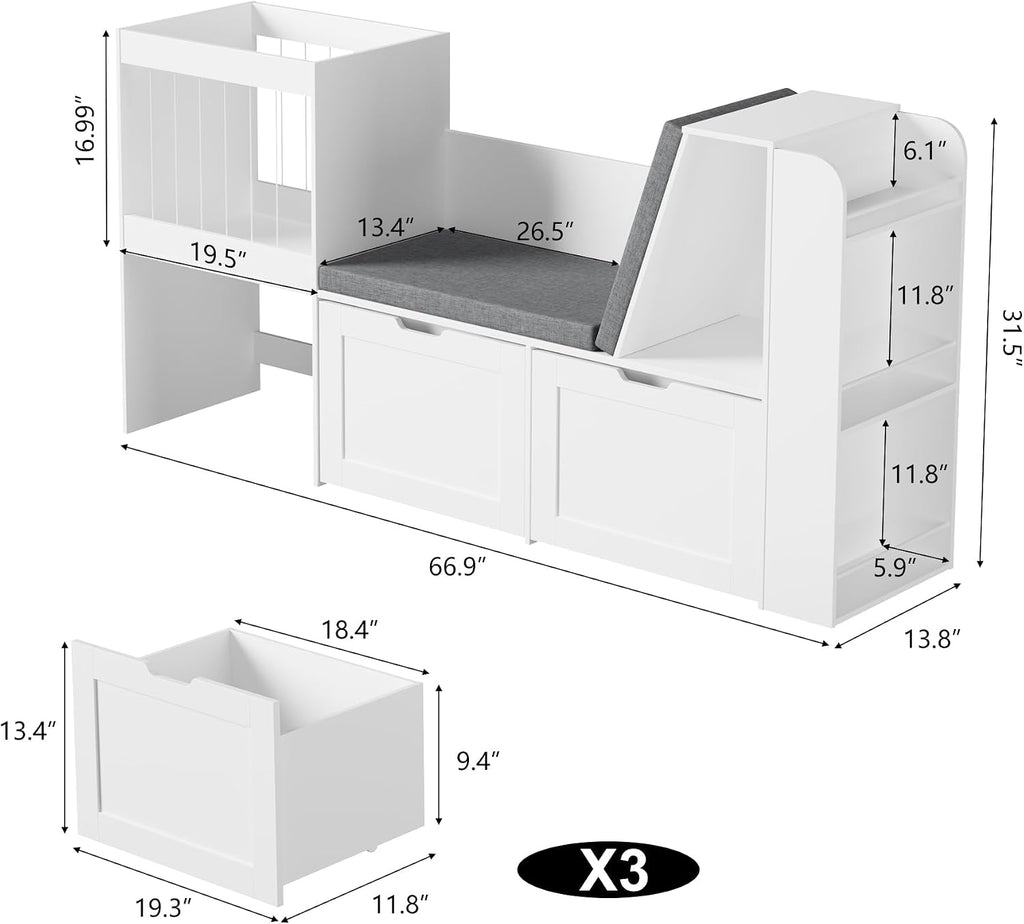 Kids Reading Nook Storage Bench White