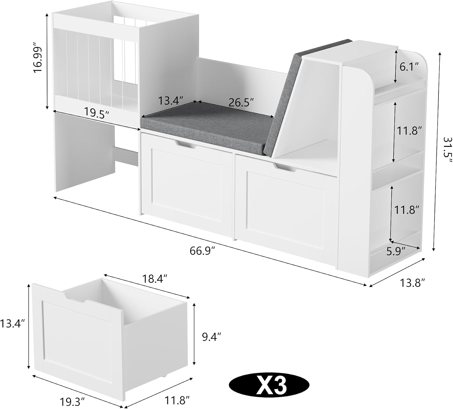Kids Reading Nook Storage Bench White