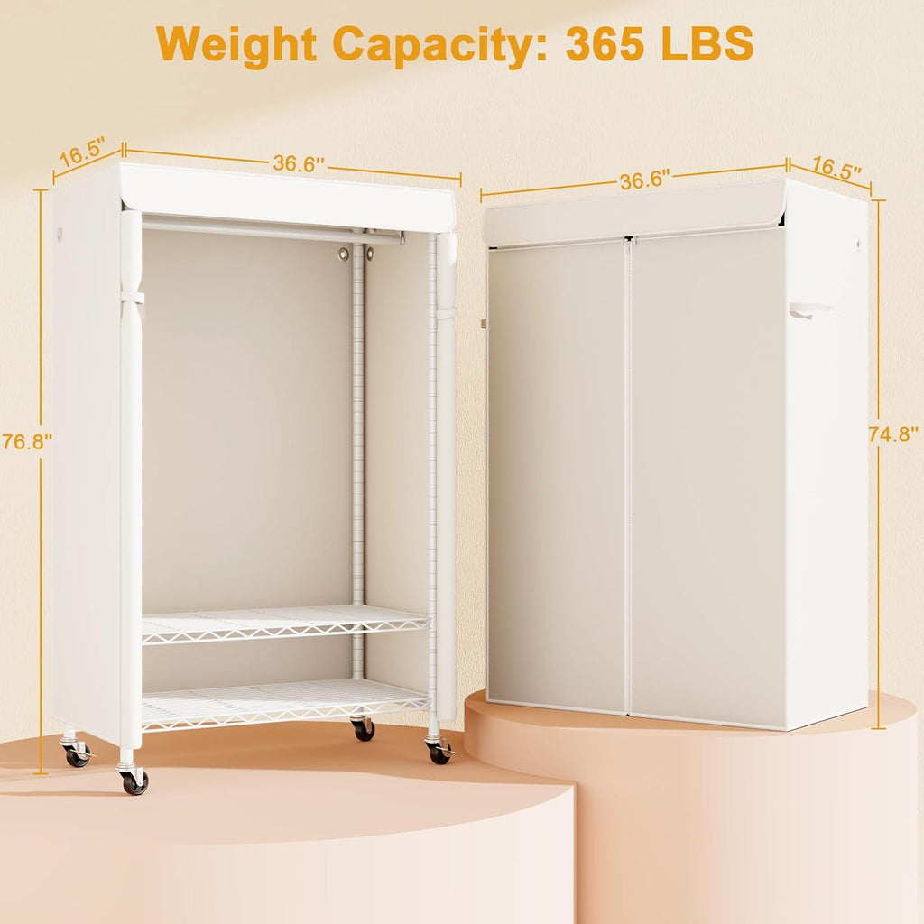 Rolling Garment Rack with Cover White
