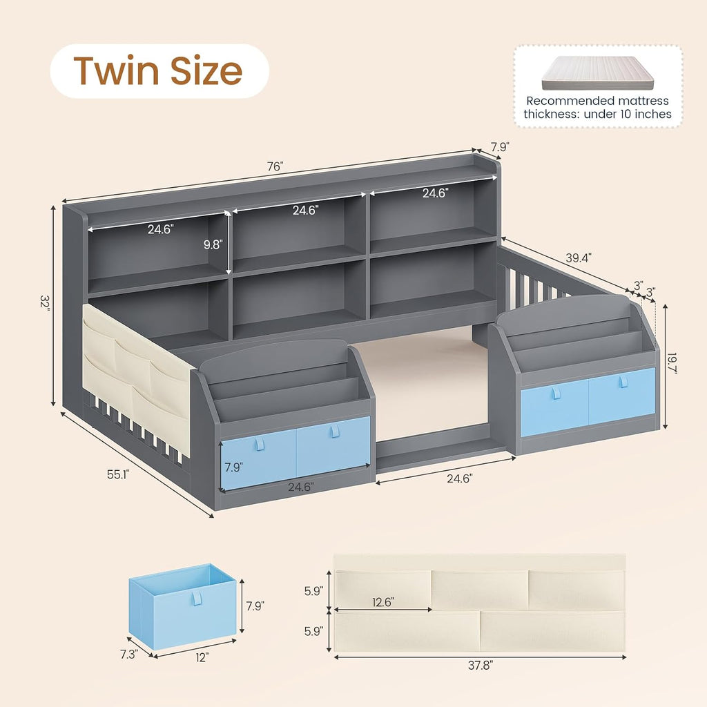 Twin Bed with Storage Grey
