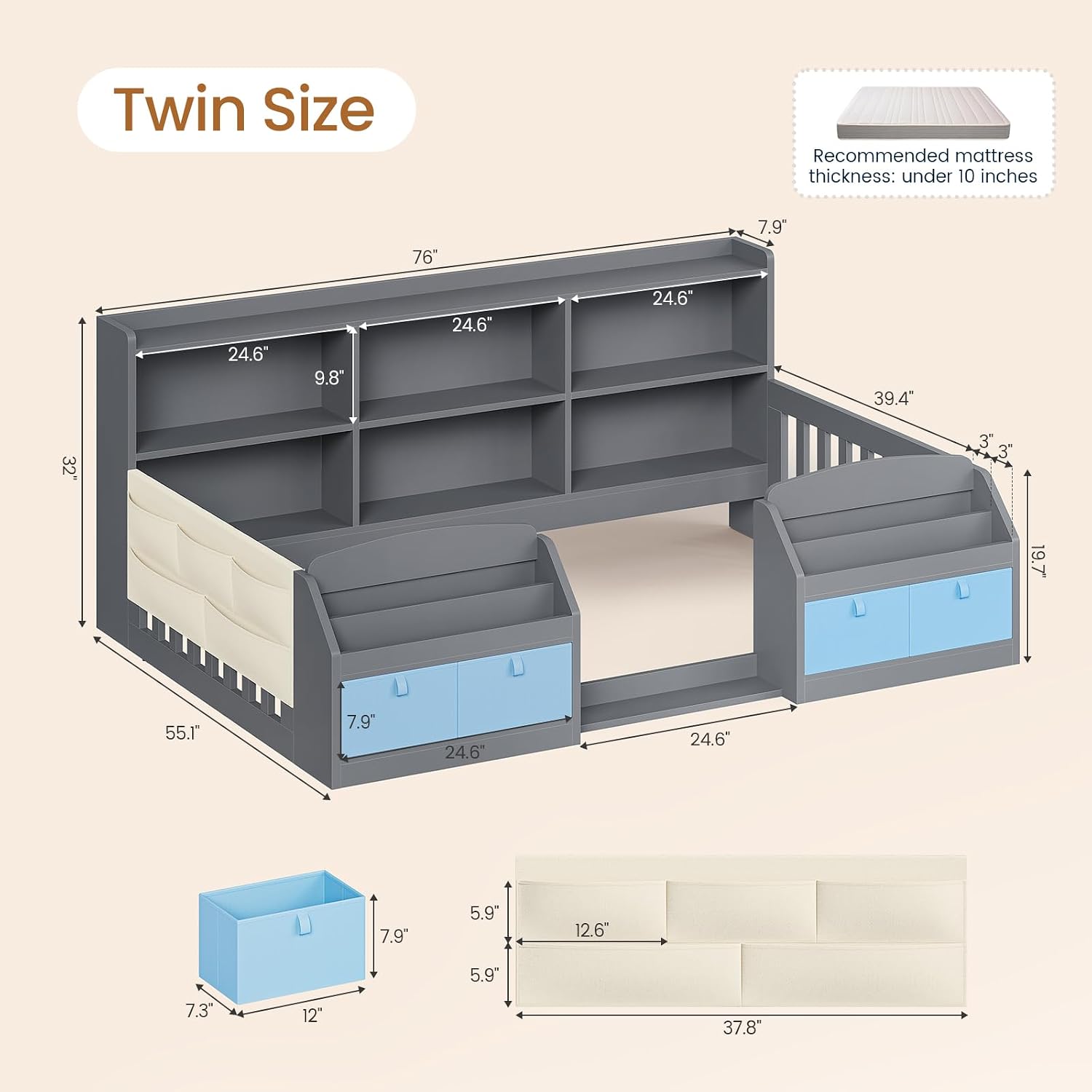 Twin Bed with Storage Grey