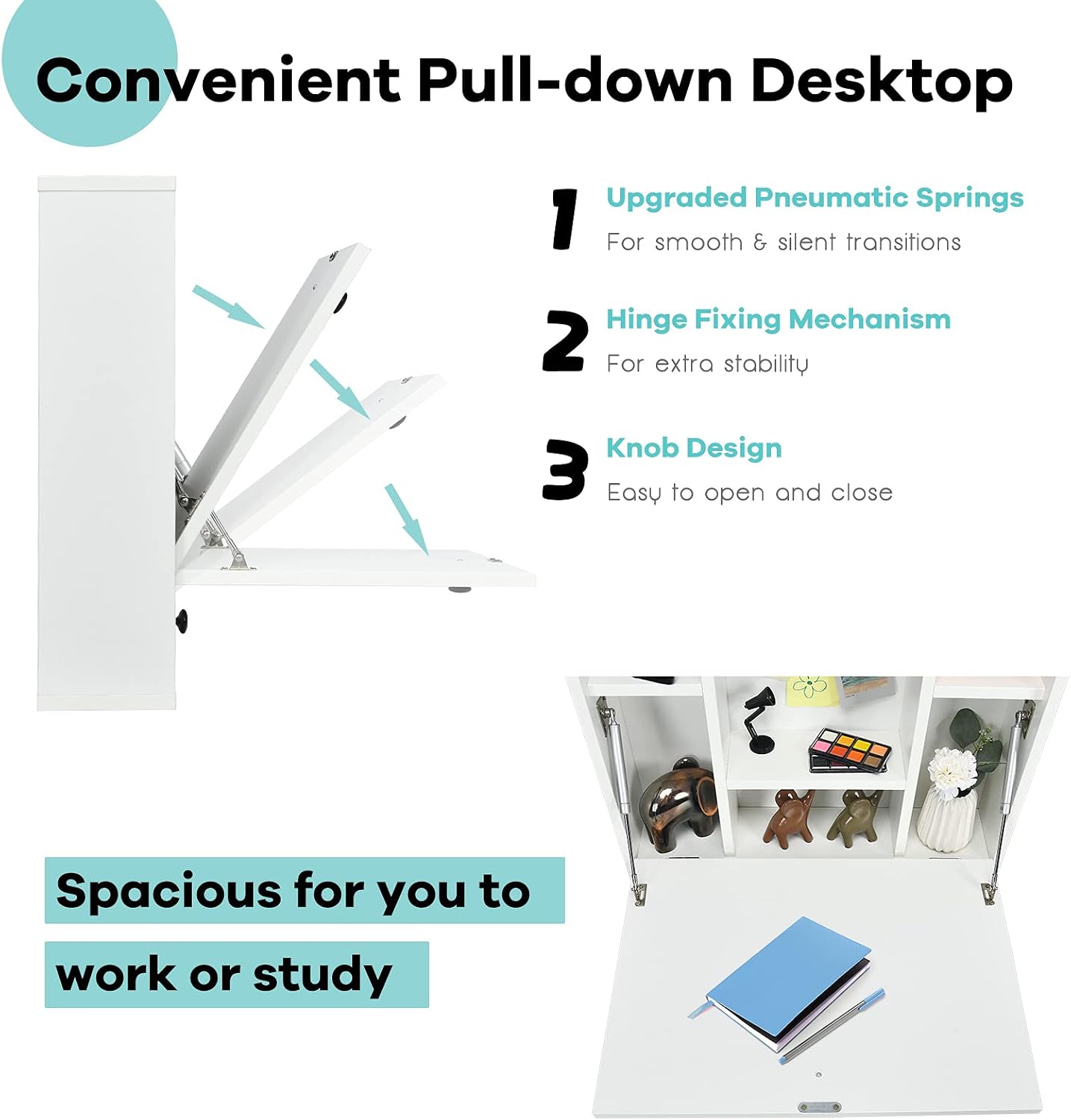 Pneumatic Wall Mount Desk with Drawer White