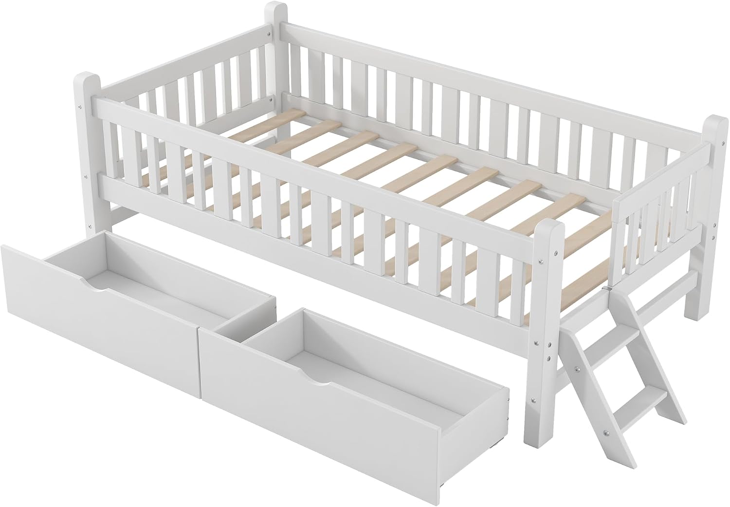 Twin Kids Low Bed with Drawers White