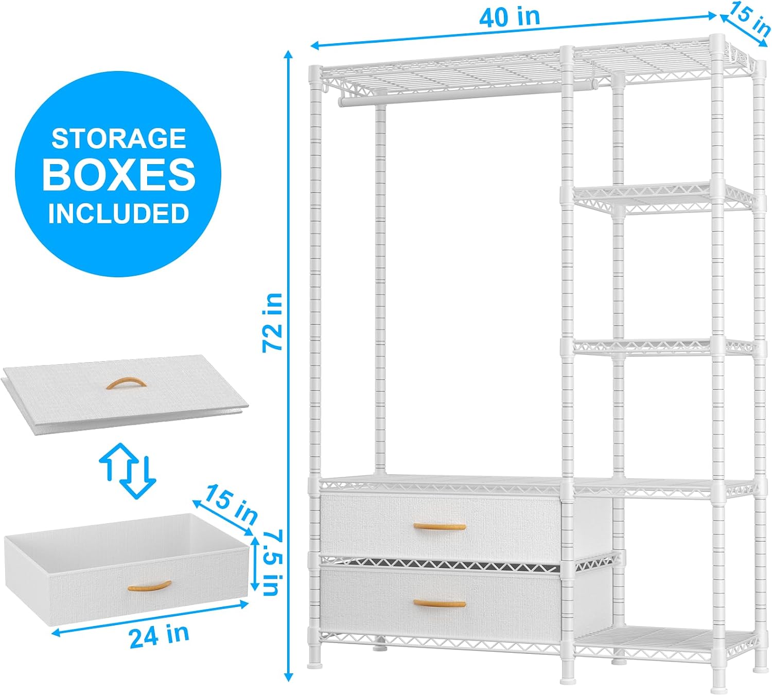 Garment Rack with Fabric Drawers White