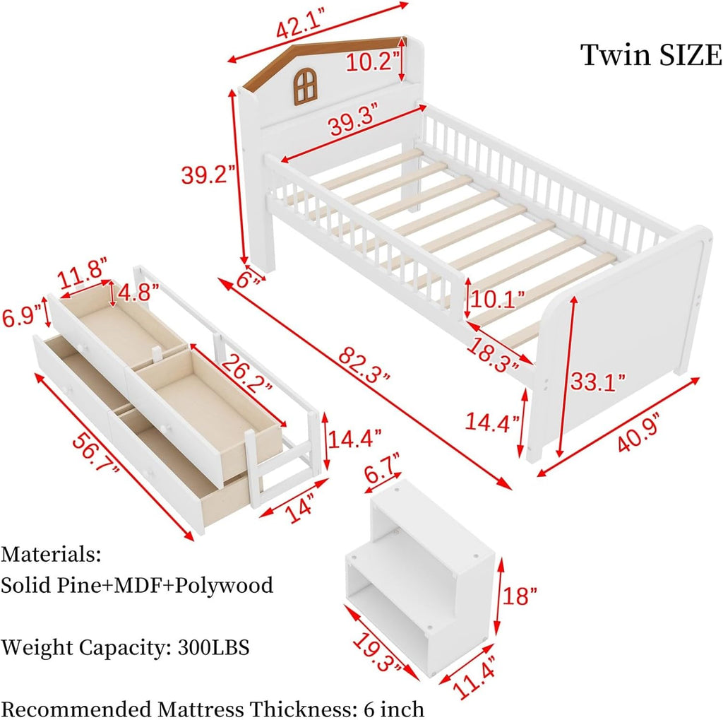 Twin House Daybed with LED & Drawers White