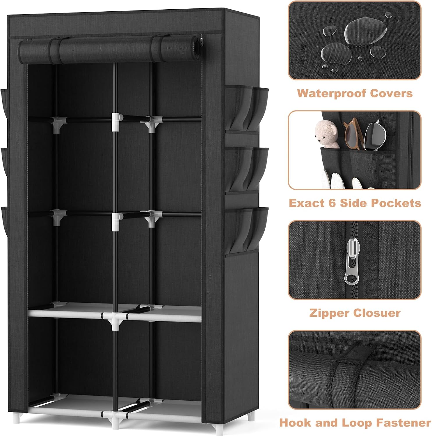 Covered Wardrobe Closet with Side Pockets