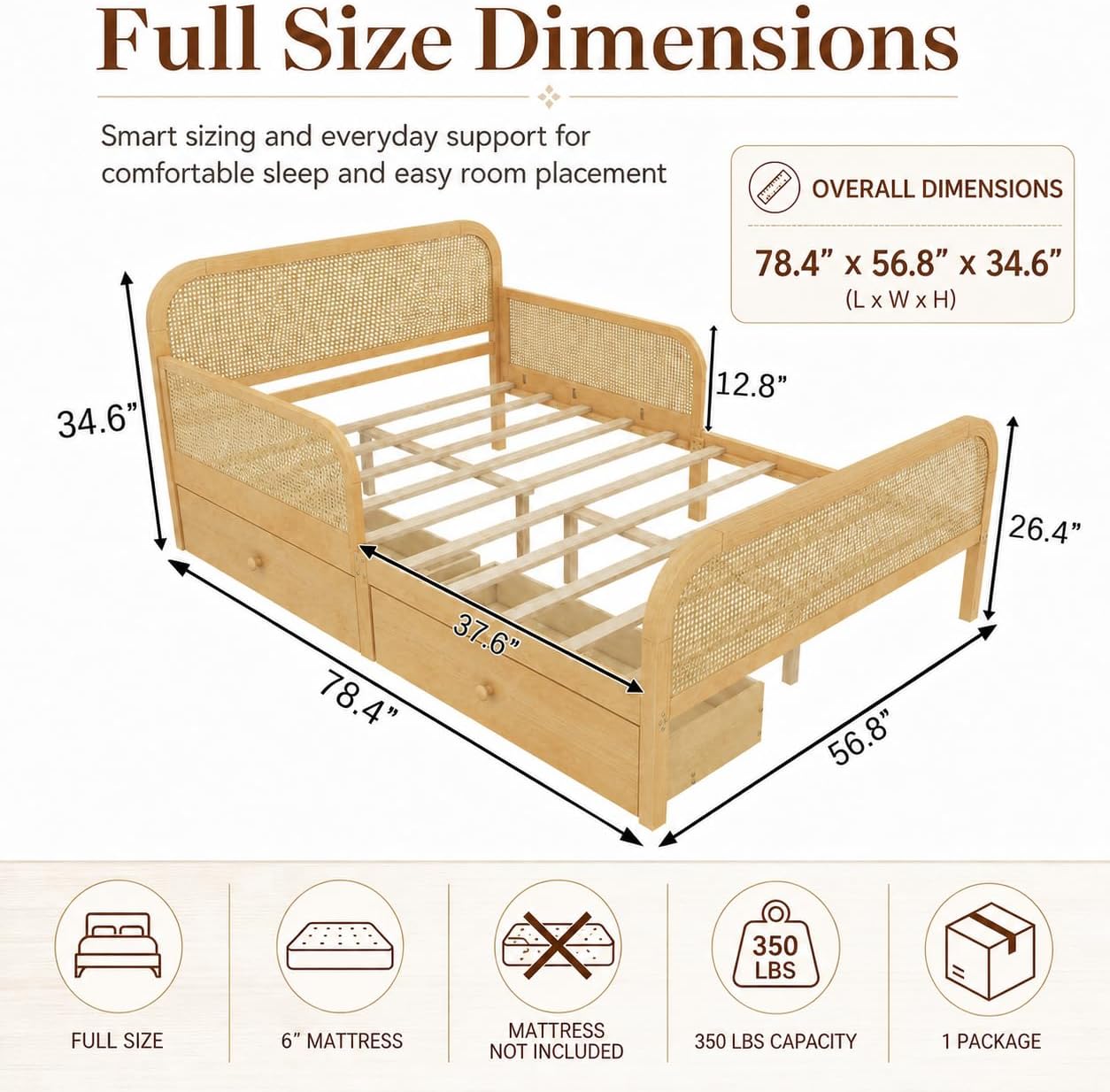 Full Rattan Kids Platform Bed with Drawers Natural