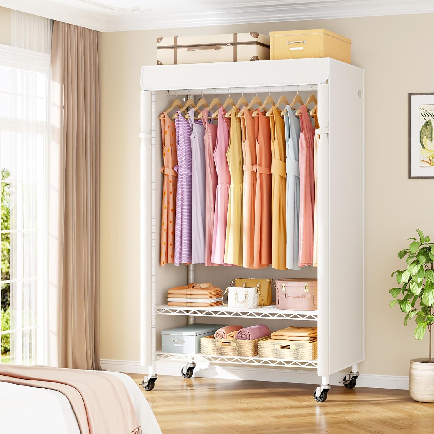 Rolling Garment Rack with Cover White