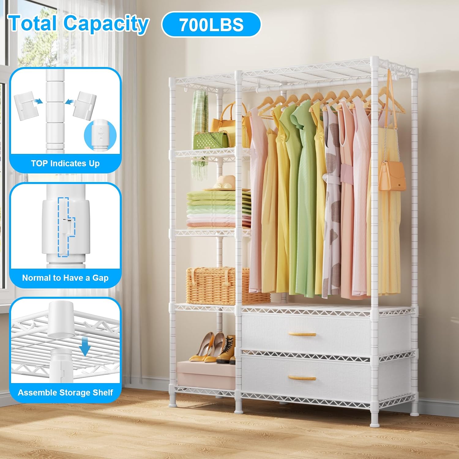 Garment Rack with Fabric Drawers White