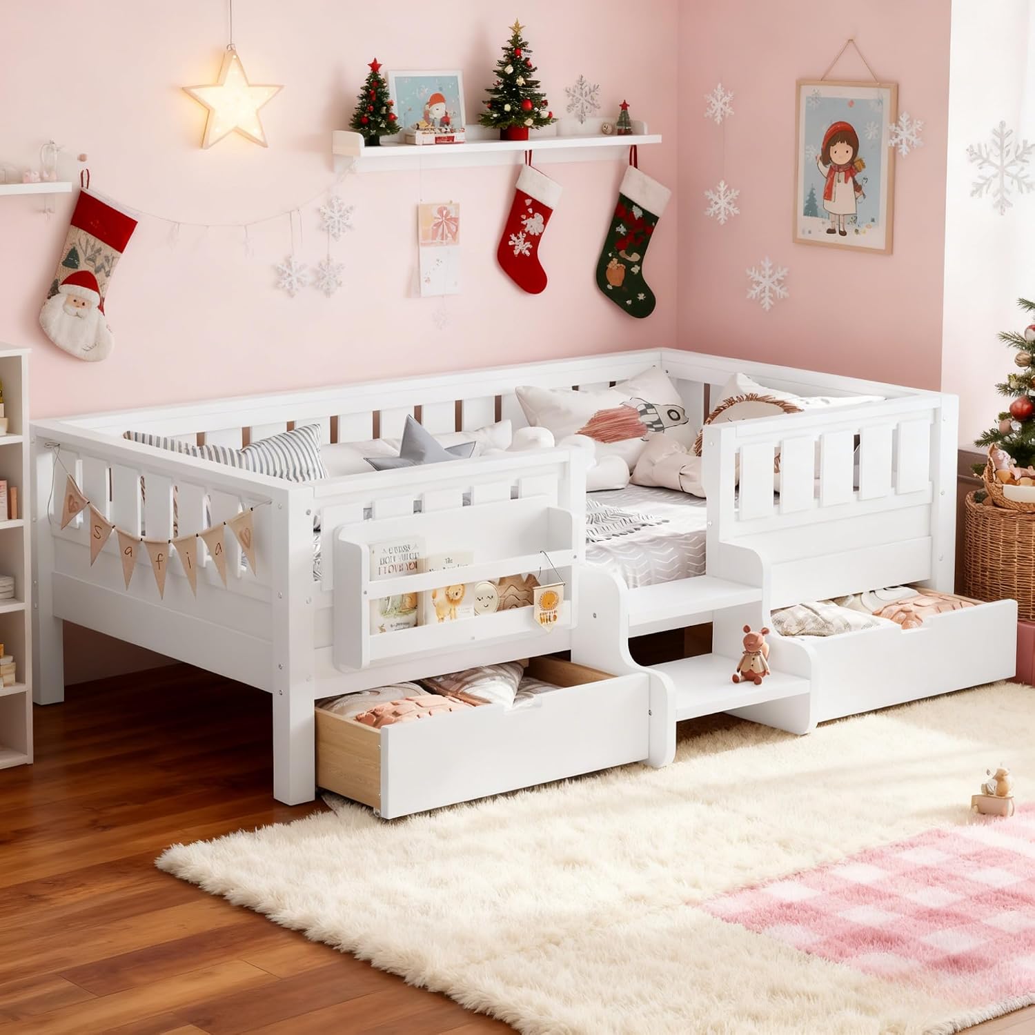 Twin Kids Platform Bed Storage White