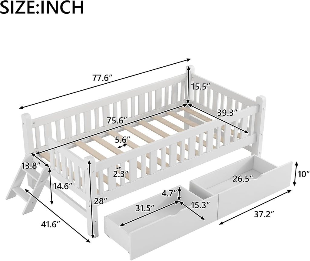 Twin Kids Low Bed with Drawers White