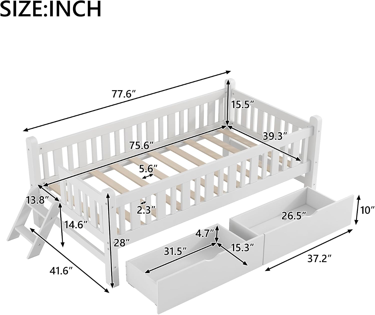 Twin Kids Low Bed with Drawers White