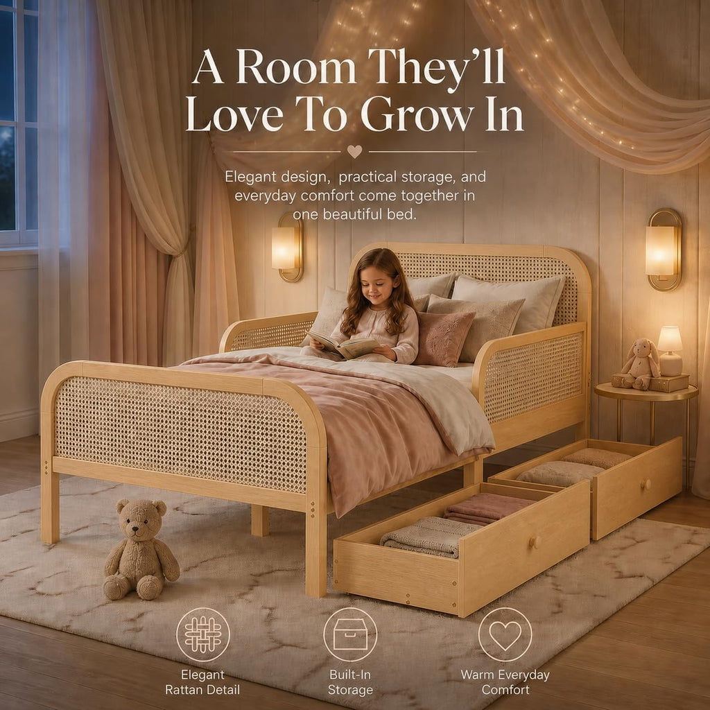 Full Rattan Kids Platform Bed with Drawers Natural