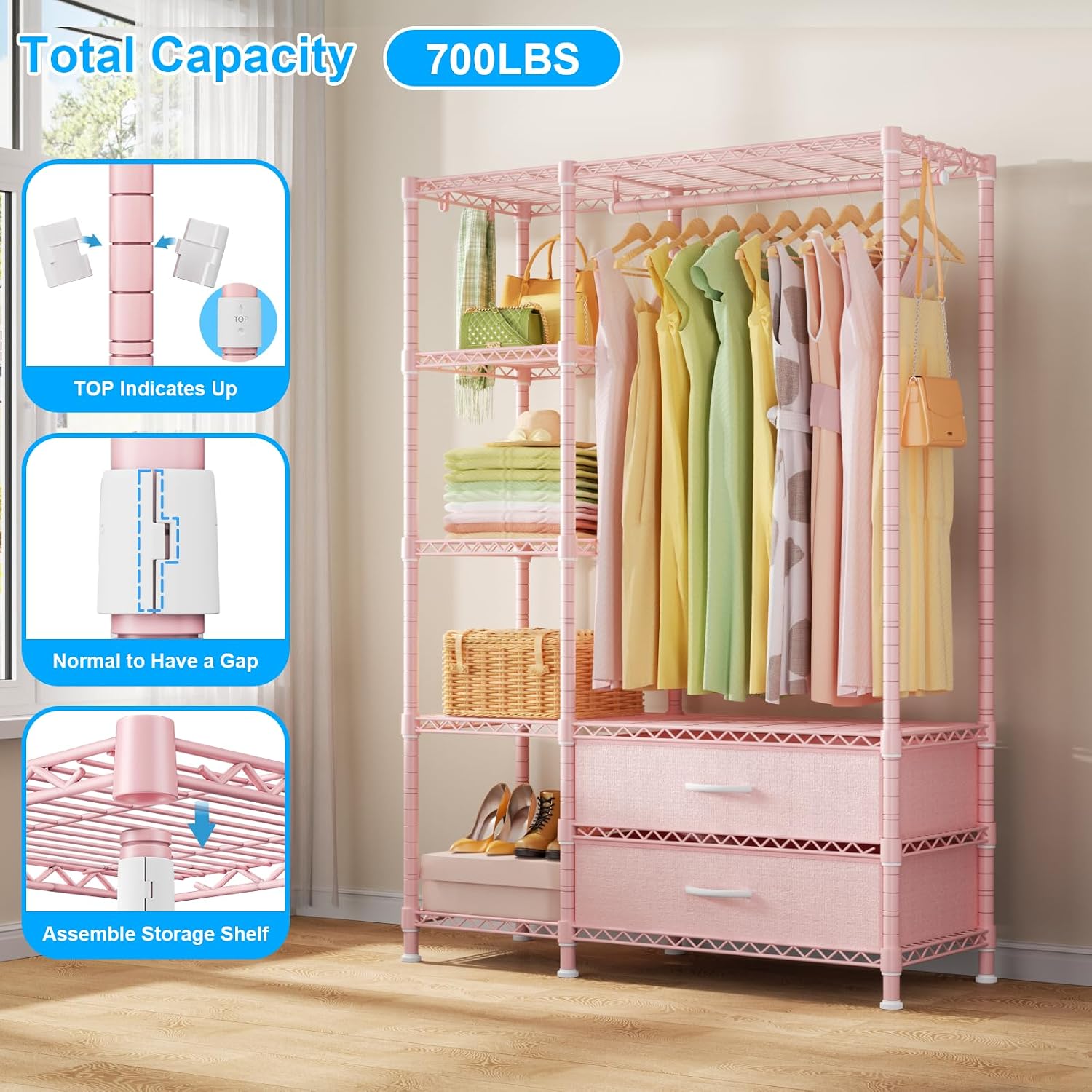 Garment Rack with Fabric Drawers Pink