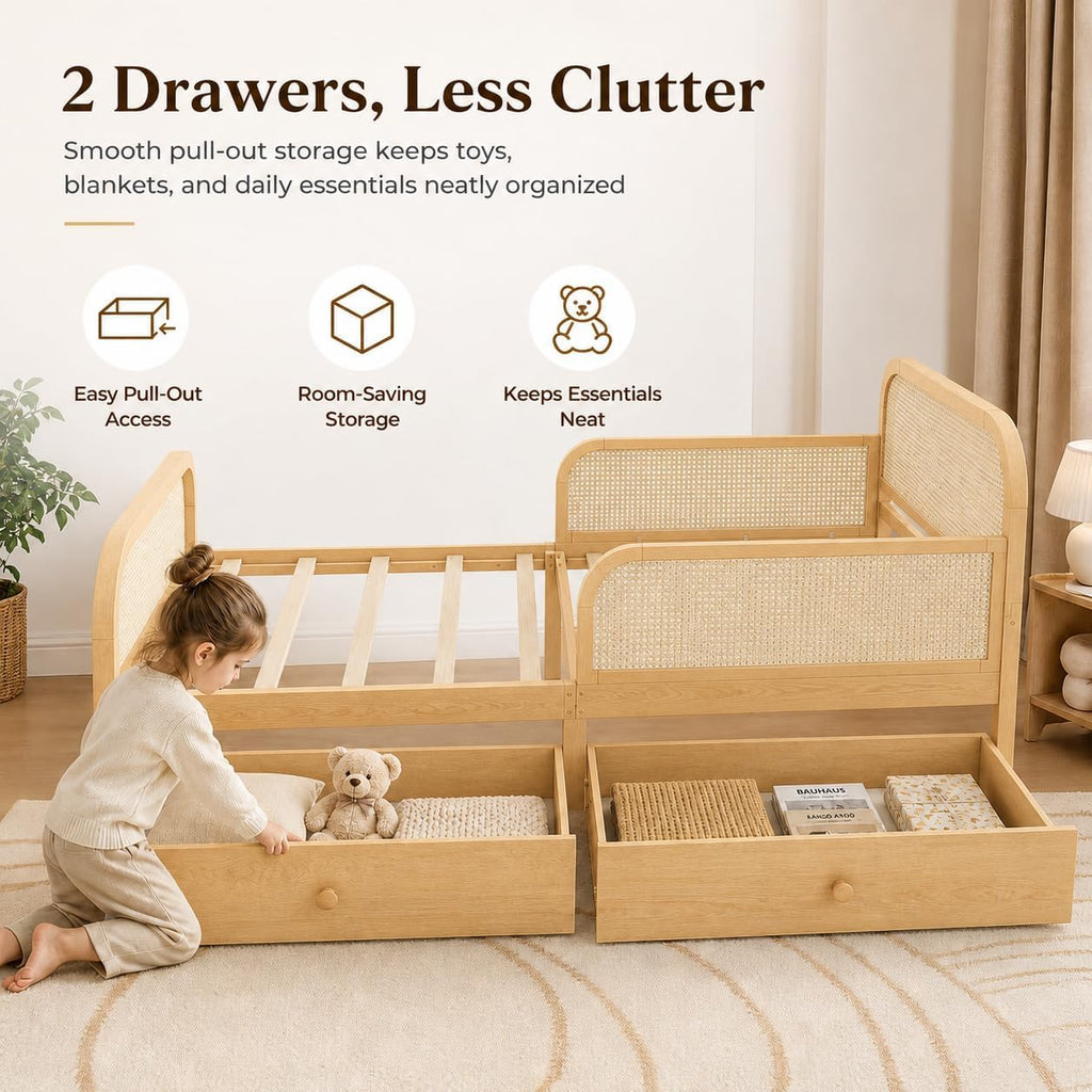 Full Rattan Kids Platform Bed with Drawers Natural