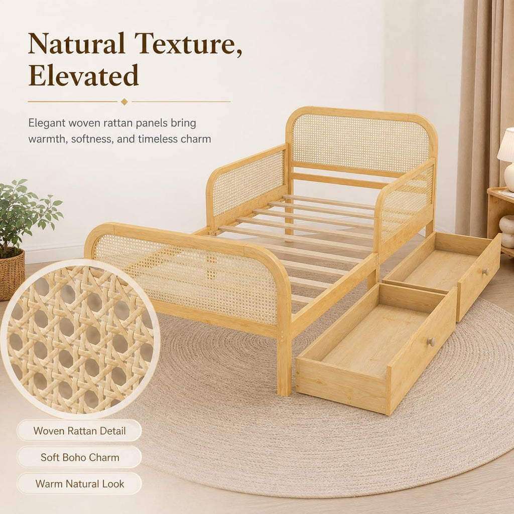 Full Rattan Kids Platform Bed with Drawers Natural