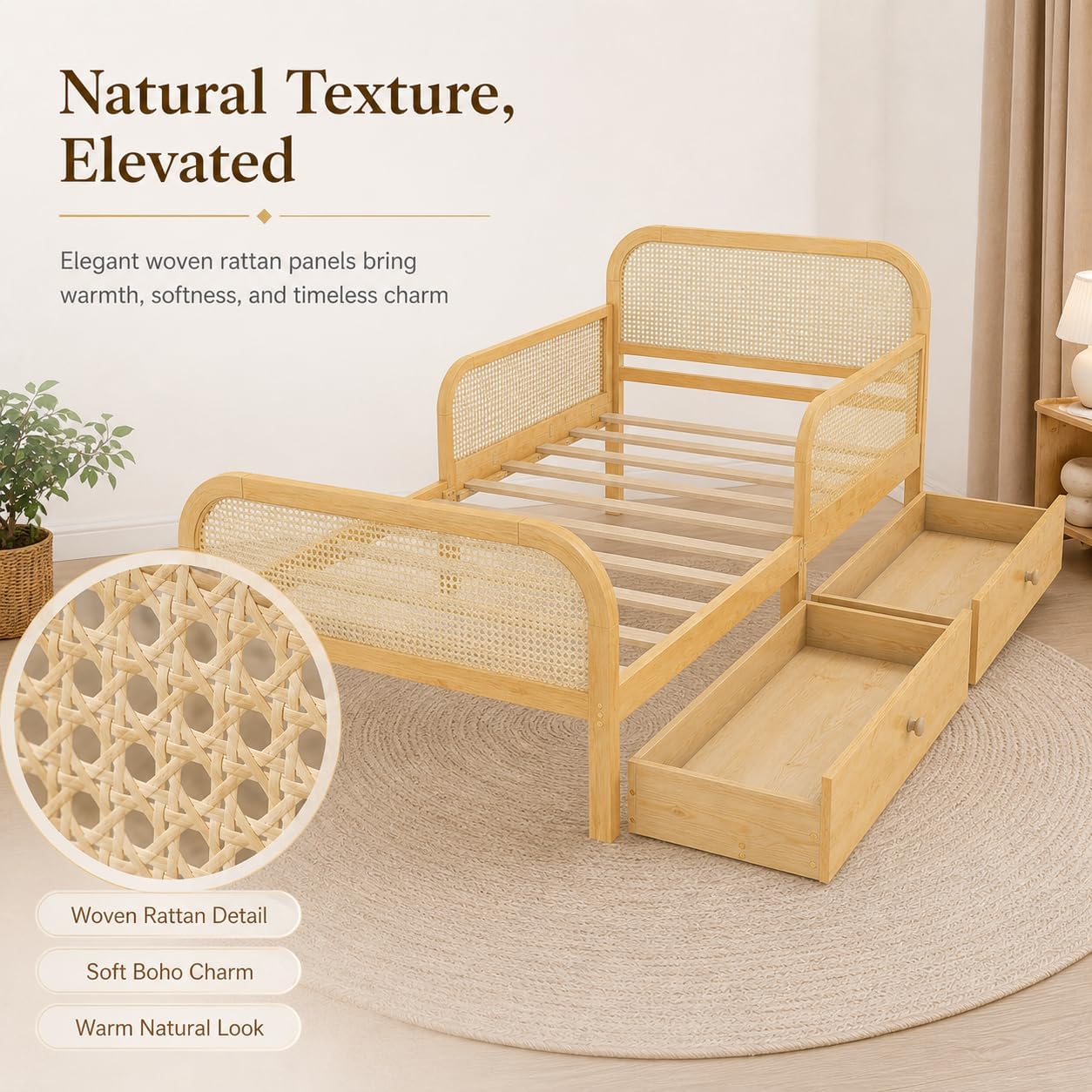 Full Rattan Kids Platform Bed with Drawers Natural