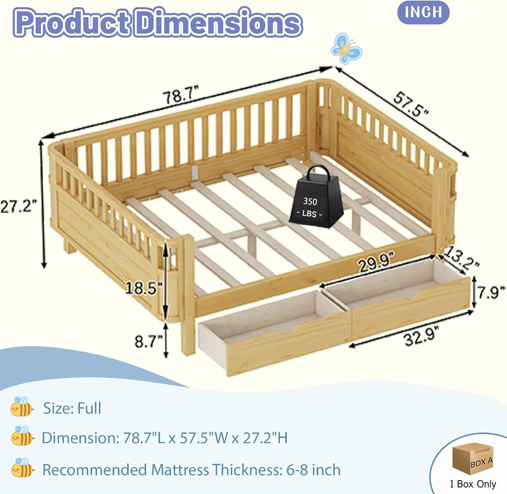 Full Bed with Drawers Natural