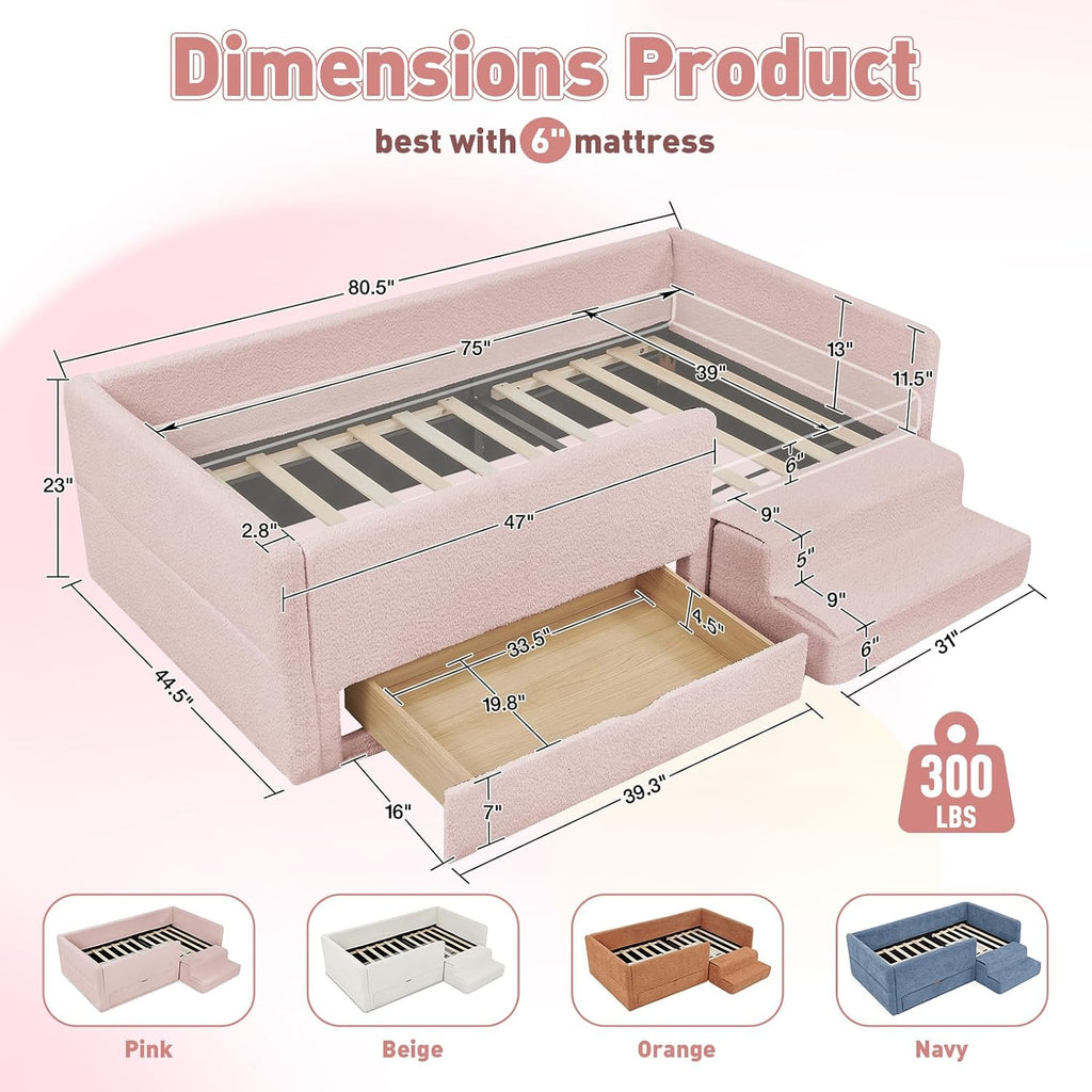 Kids Bed with Drawer Pink