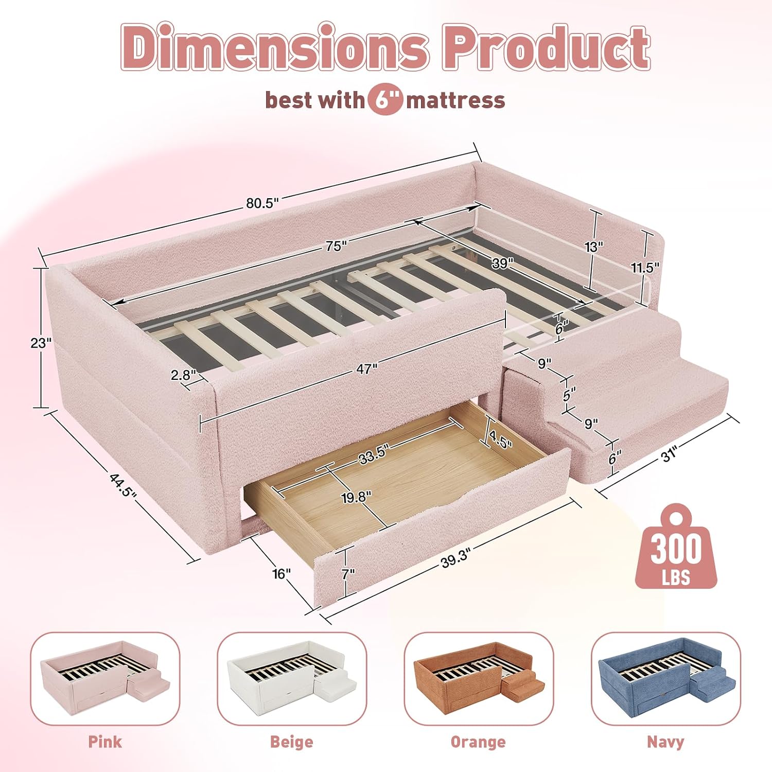 Kids Bed with Drawer Pink