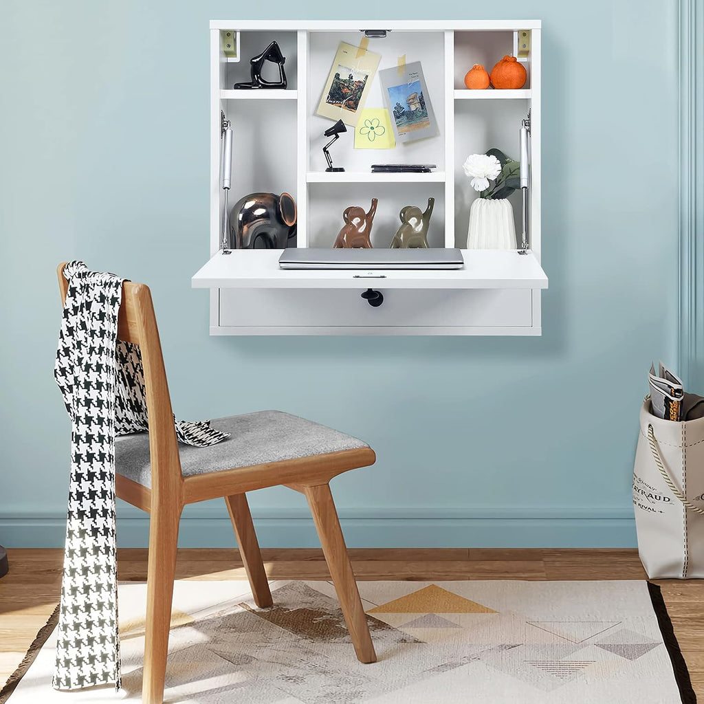 Pneumatic Wall Mount Desk with Drawer White