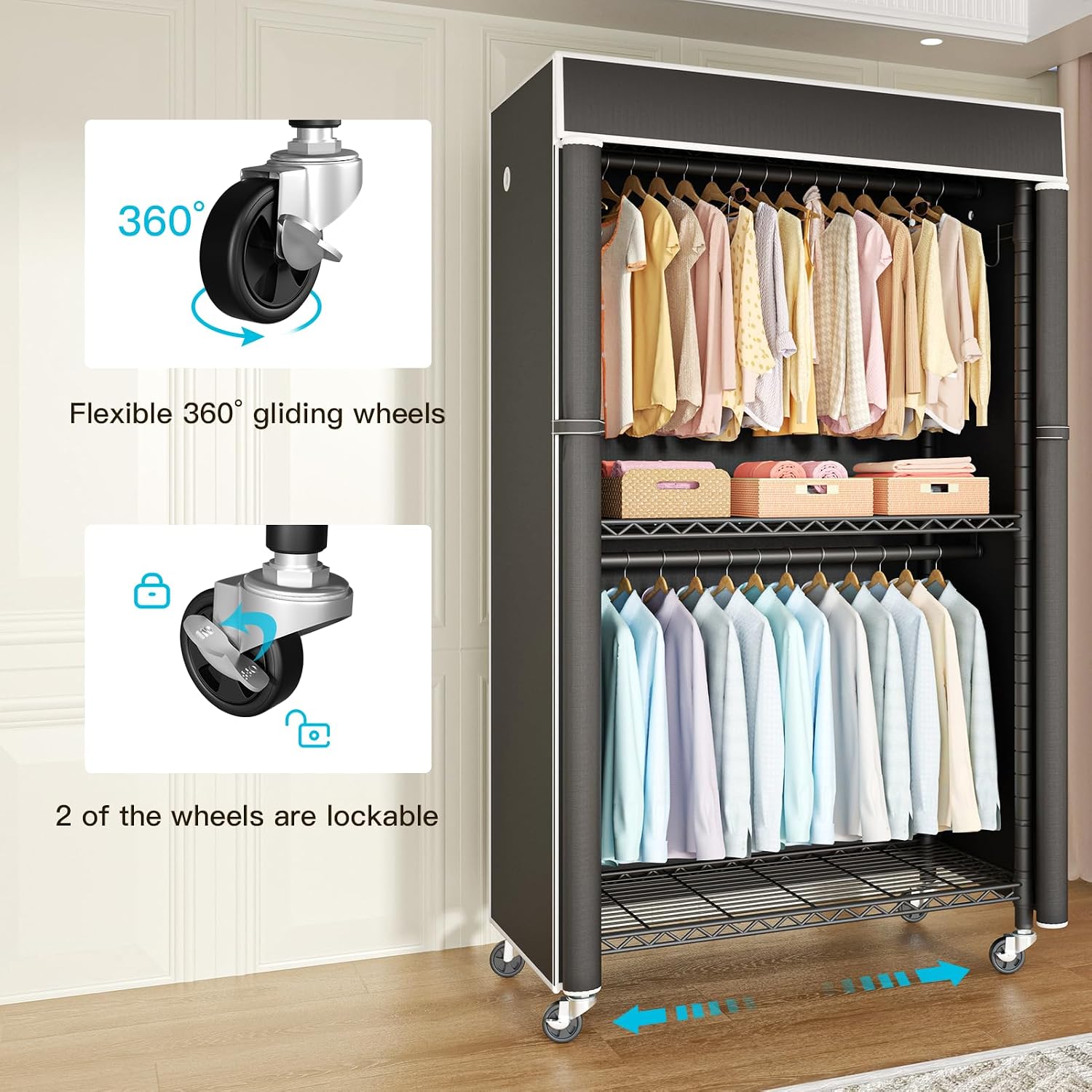 Rolling Garment Rack with Cover Black