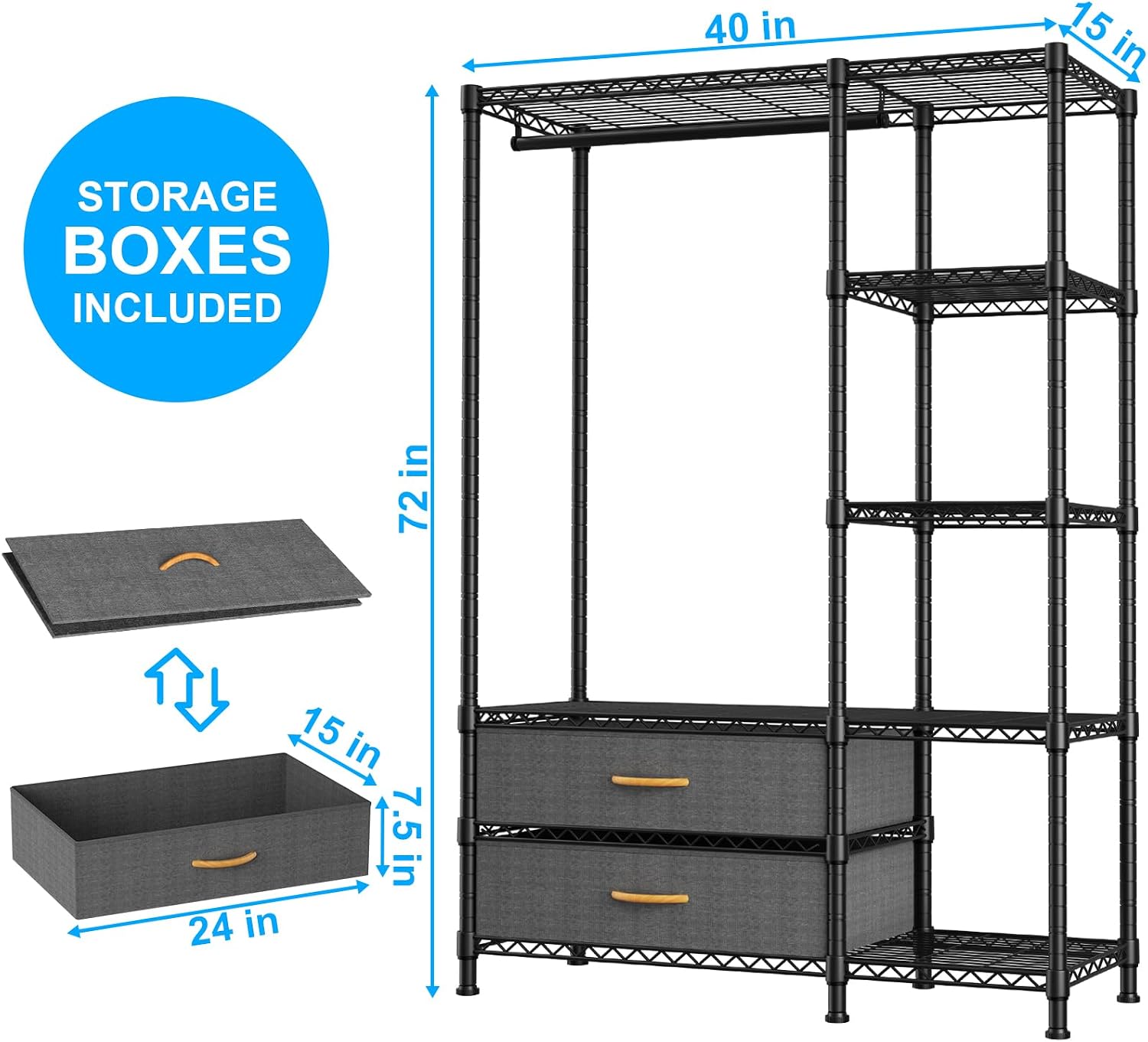Garment Rack with Fabric Drawers Black