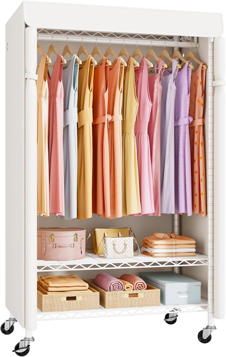 Rolling Garment Rack with Cover White