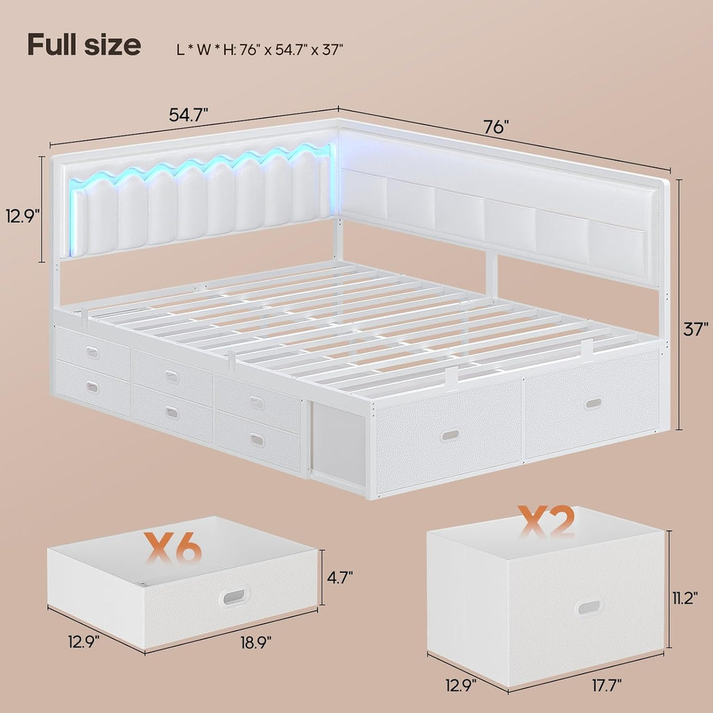 Full Corner Kids Bed with Drawers & LED White