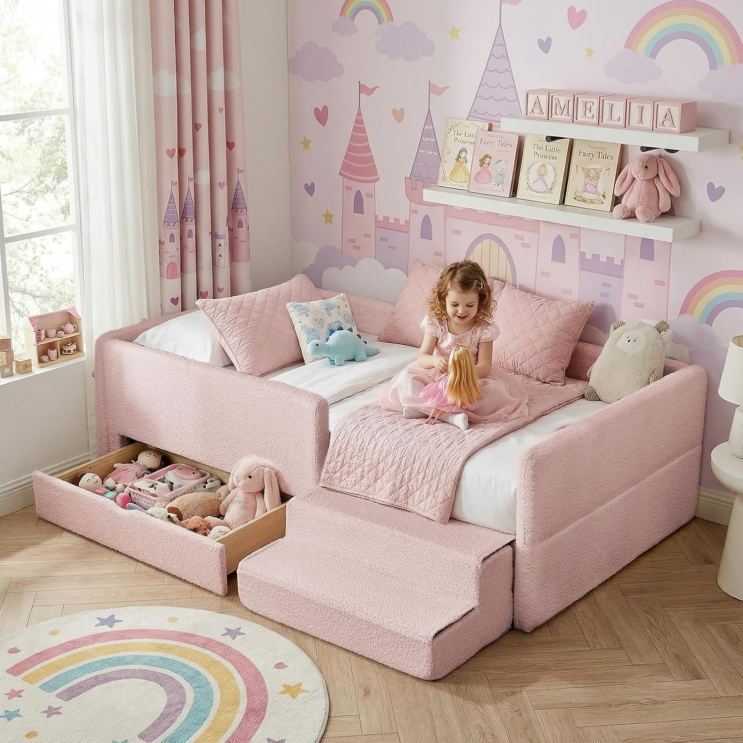 Kids Bed with Drawer Pink