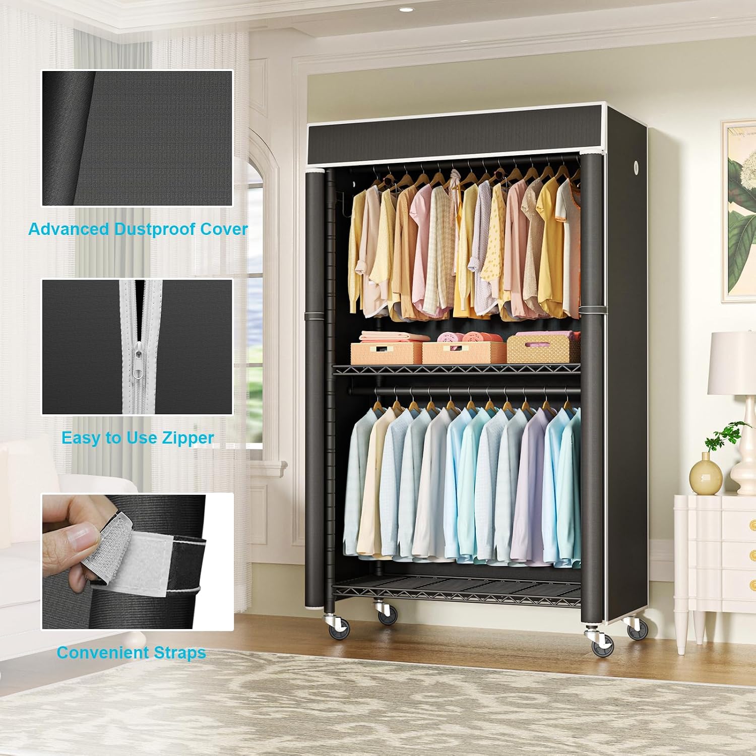 Rolling Garment Rack with Cover Black