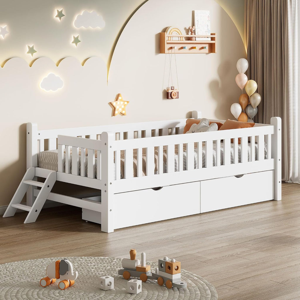 Twin Kids Low Bed with Drawers White