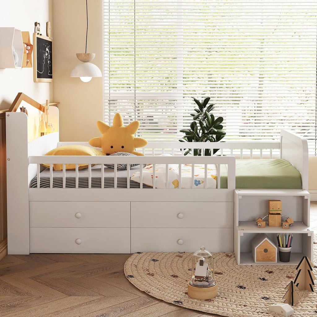 Twin House Daybed with LED & Drawers White