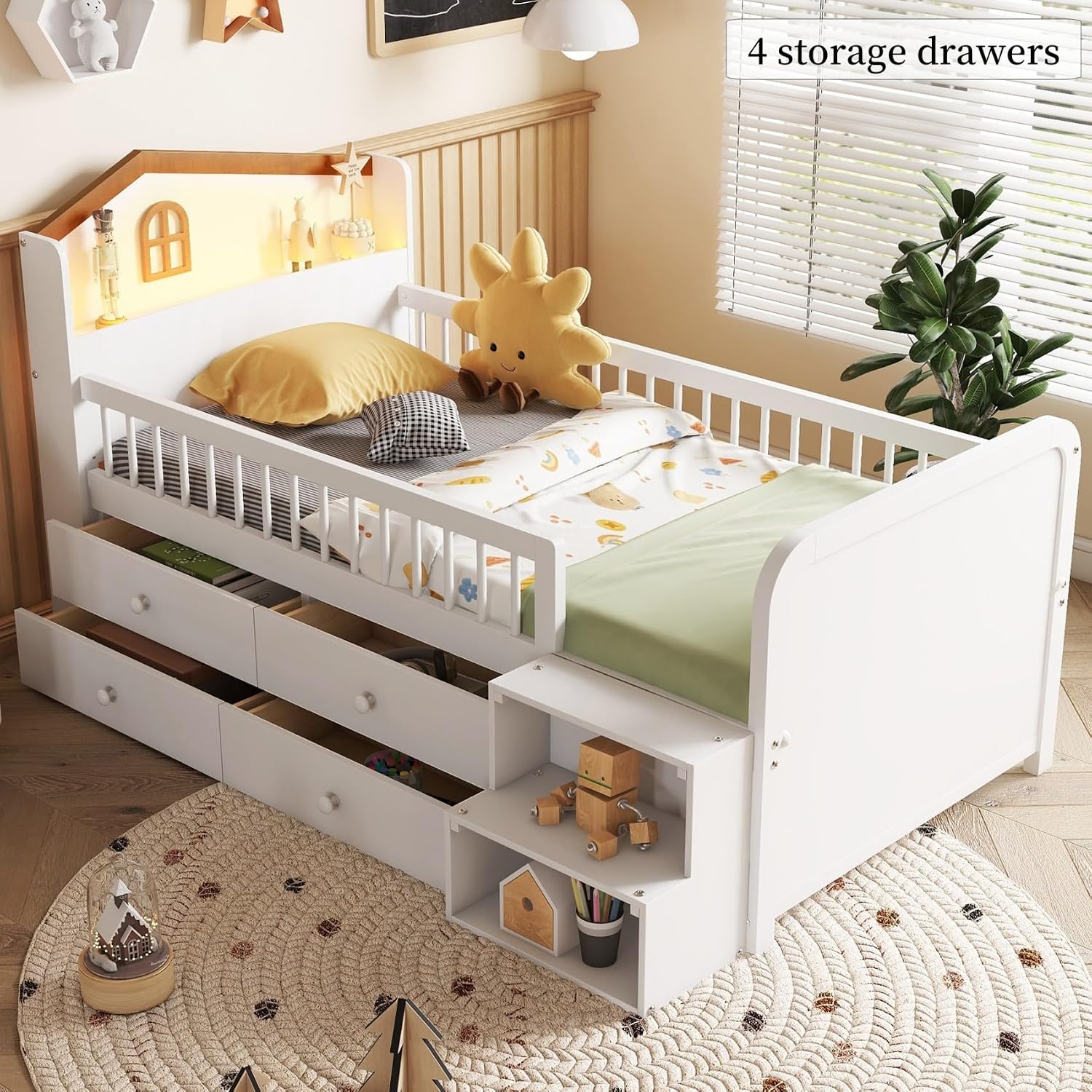 Twin House Daybed with LED & Drawers White