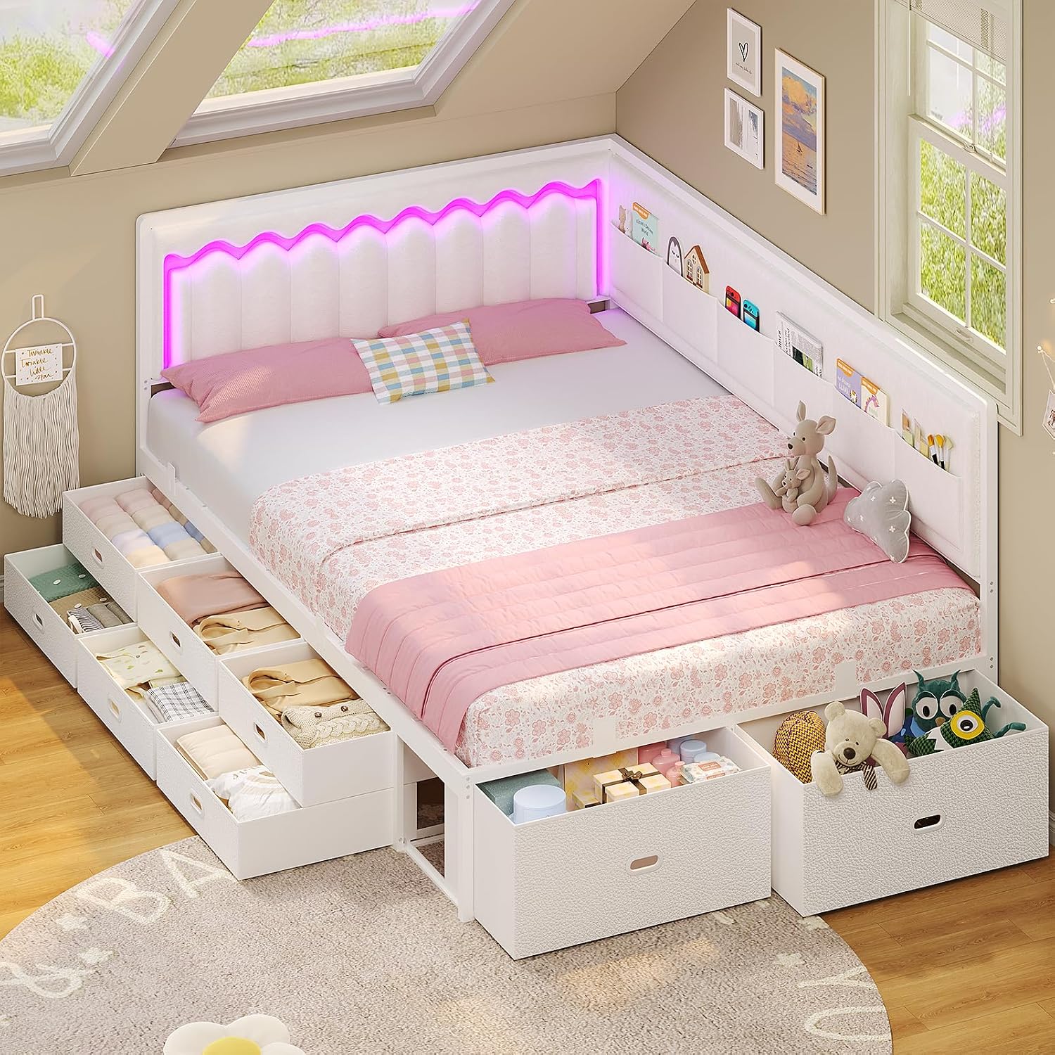 Full Corner Kids Bed with Drawers & LED White