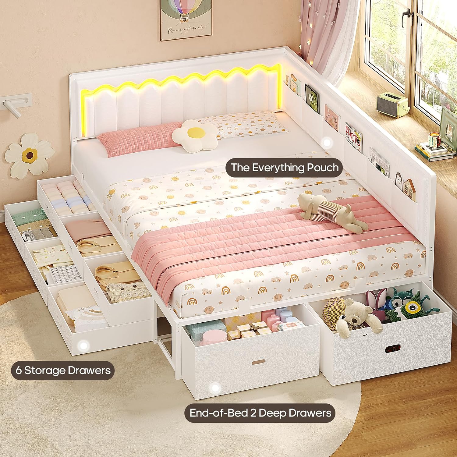Full Corner Kids Bed with Drawers & LED White