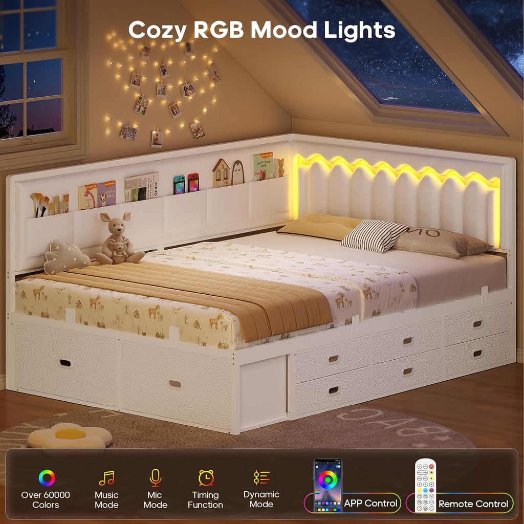 Full Corner Kids Bed with Drawers & LED White