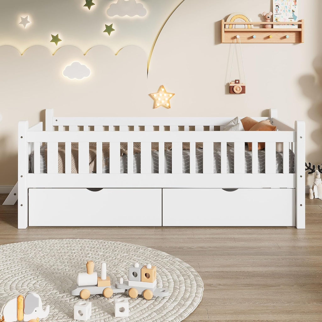Twin Kids Low Bed with Drawers White