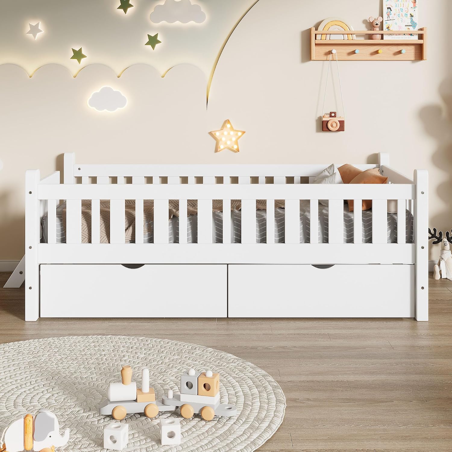 Twin Kids Low Bed with Drawers White