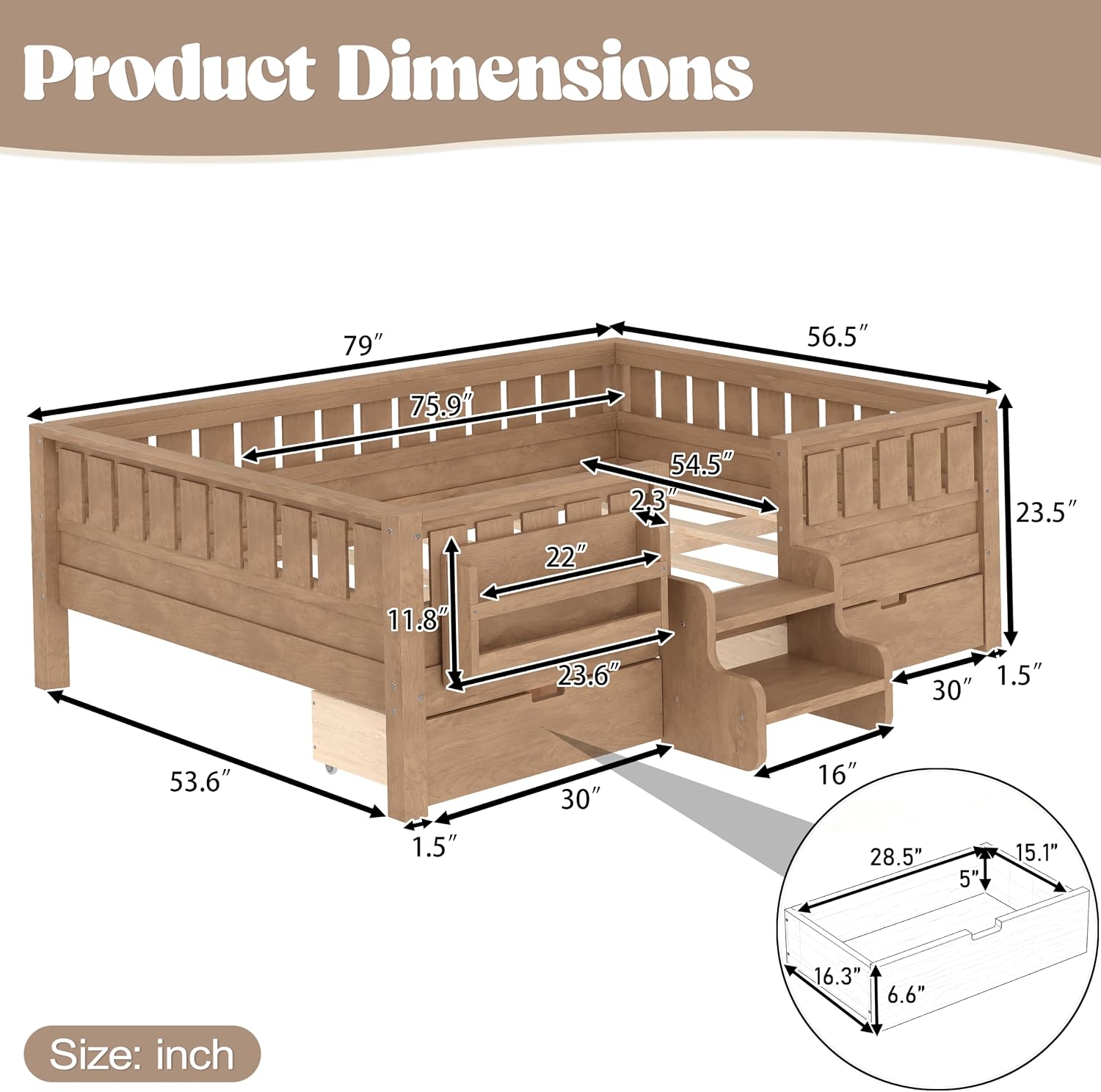 Full Bed Stairs & Drawers Natural