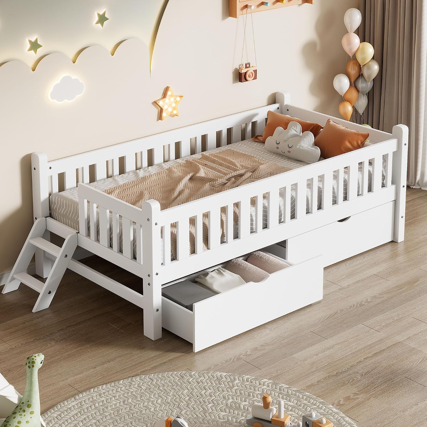 Twin Kids Low Bed with Drawers White