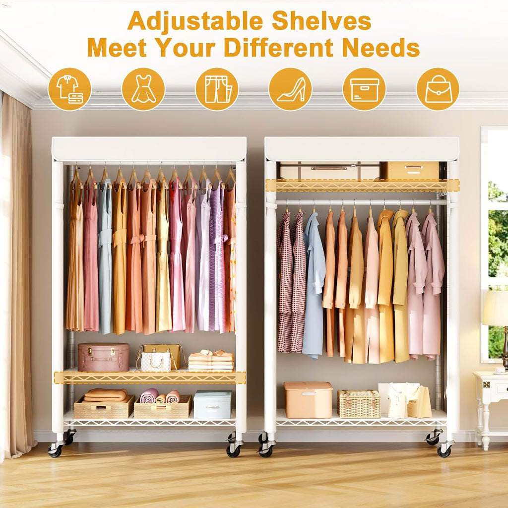 Rolling Garment Rack with Cover White