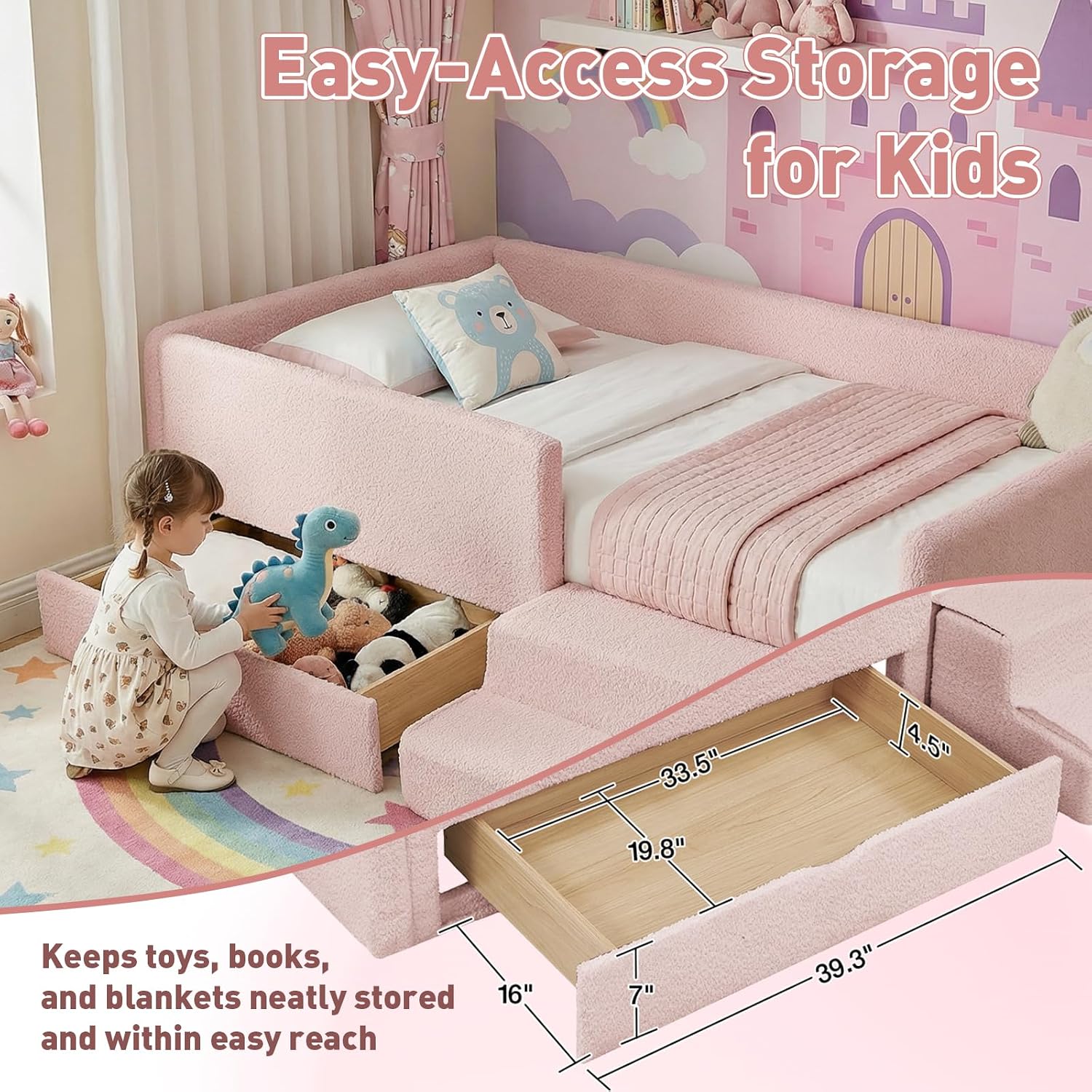 Kids Bed with Drawer Pink
