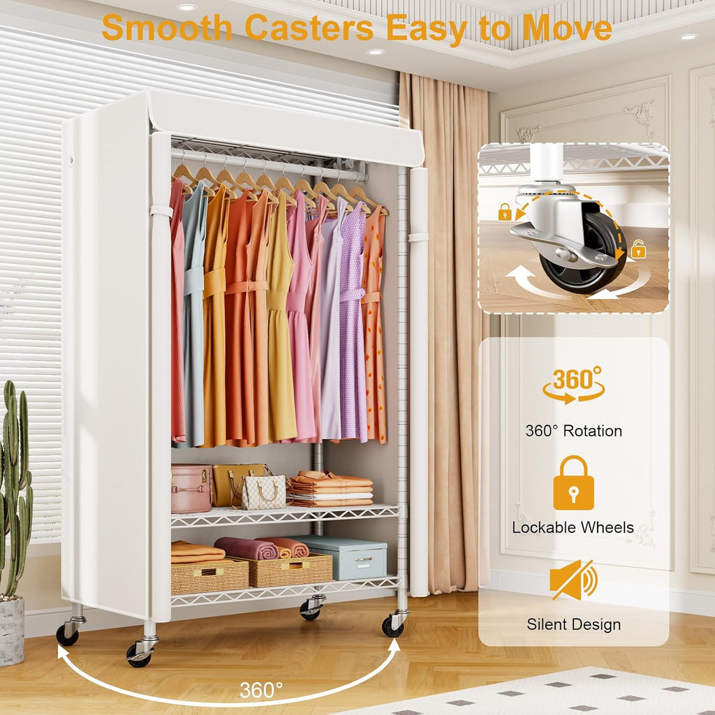 Rolling Garment Rack with Cover White