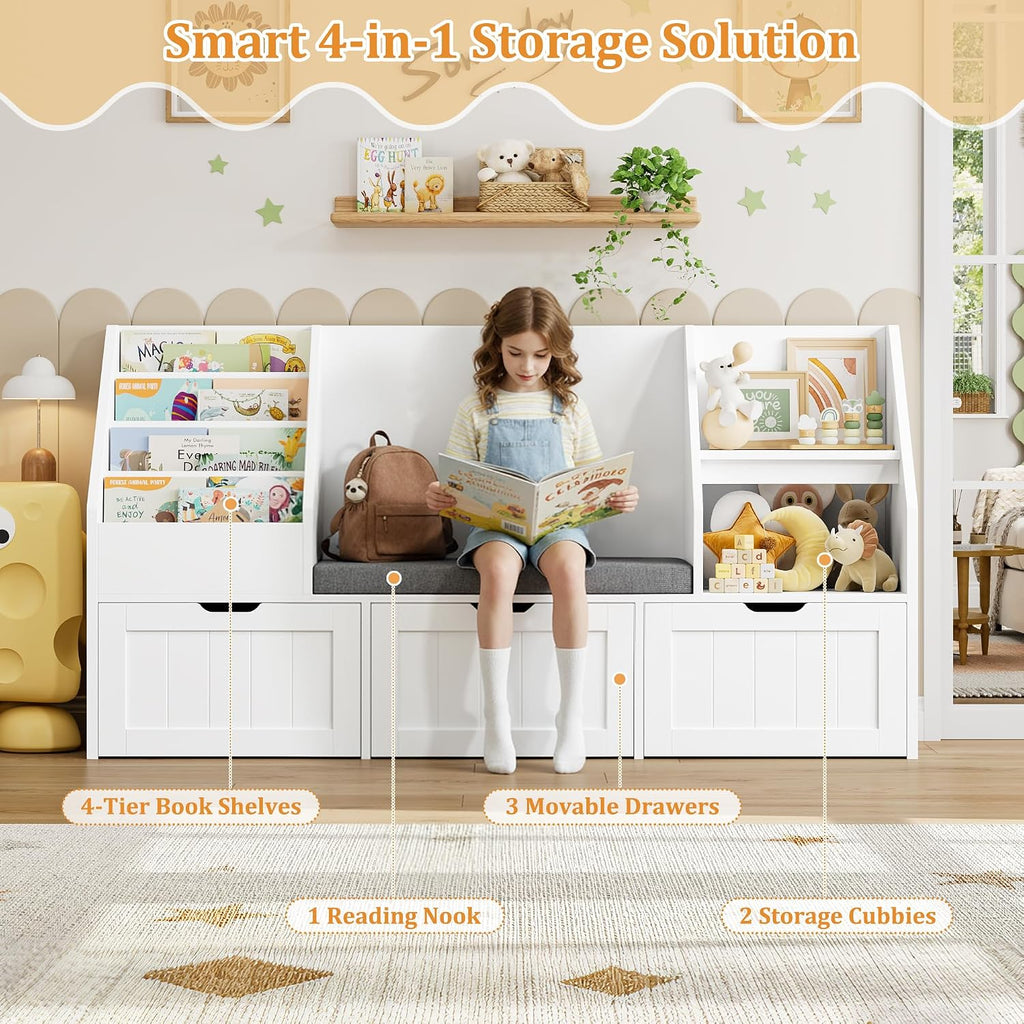 Kids Reading Nook Storage Bench White