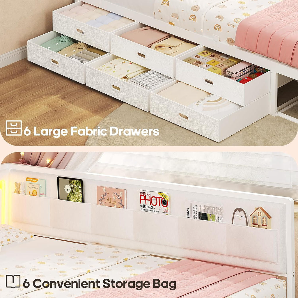 Full Corner Kids Bed with Drawers & LED White