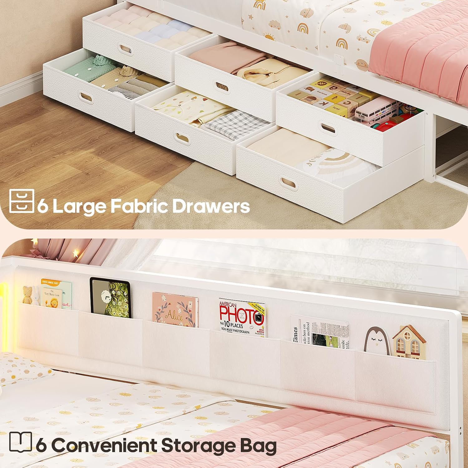 Full Corner Kids Bed with Drawers & LED White
