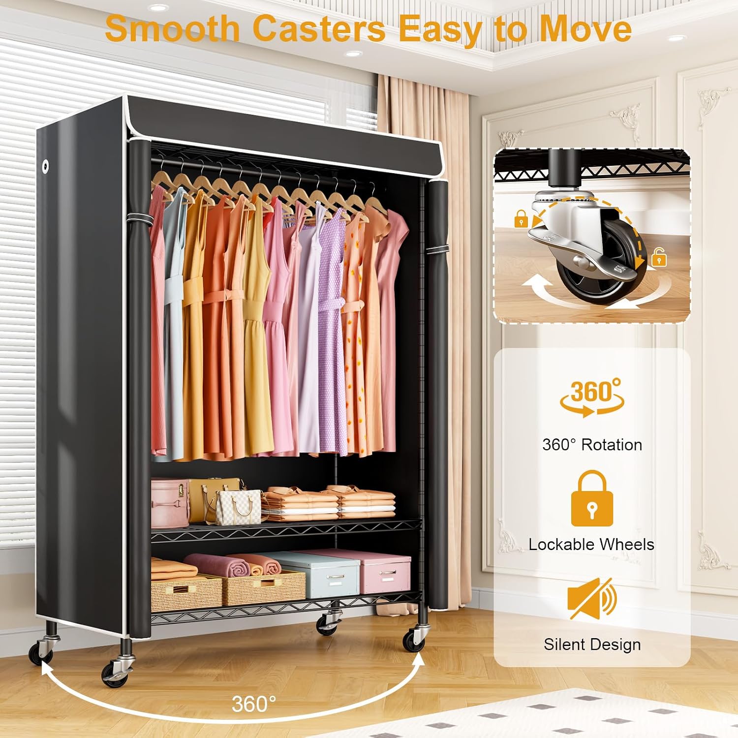 Rolling Garment Rack with Cover Black
